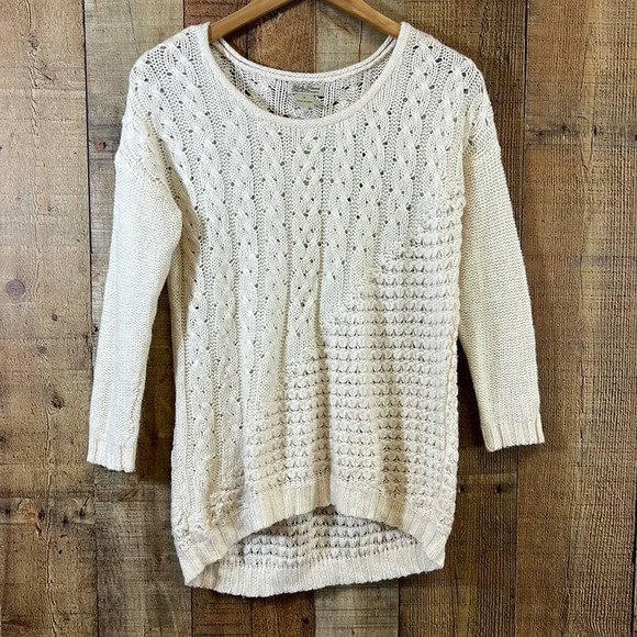 Lucky Brand Sweater Womens Small Cream Knit 3/4 Sleeve Pullover Open Knit - Picture 1 of 8